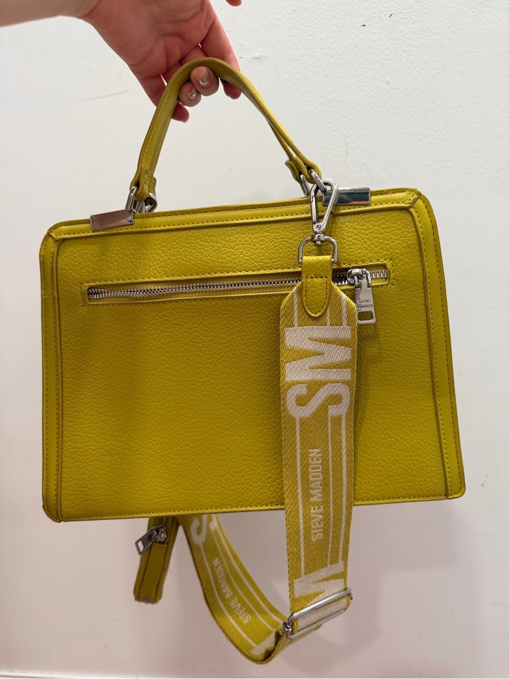 Steve Madden yellow/green Structured Top-Handle Satchel with Branded Strap - Picture 3 of 8